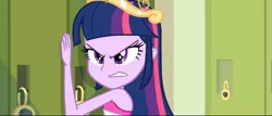 Size: 853x365 | Tagged: safe, derpibooru import, screencap, twilight sparkle, equestria girls, equestria girls (movie), bare shoulders, big crown thingy, crown, element of magic, fall formal outfits, jewelry, lockers, regalia, sleeveless, solo, strapless, twilight ball dress