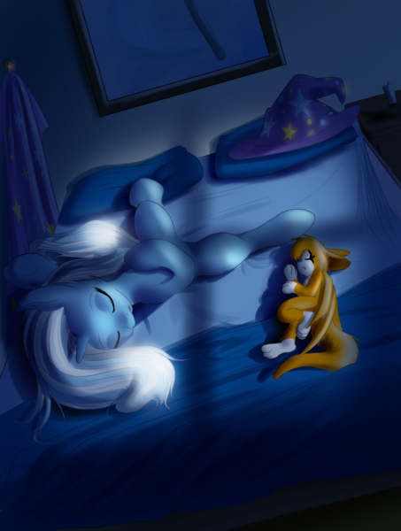 Size: 2451x3249 | Tagged: artist:mykegreywolf, bed, crossover, derpibooru import, dust: an elysian tail, eyes closed, fidget (character), messy mane, on back, open mouth, safe, side, sleeping, spreading, spread legs, trixie