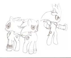 Size: 1984x1628 | Tagged: safe, artist:ardonsword, derpibooru import, ponified, pony, bipedal, monochrome, shadow the hedgehog, silver the hedgehog, sonic the hedgehog, sonic the hedgehog (series), traditional art