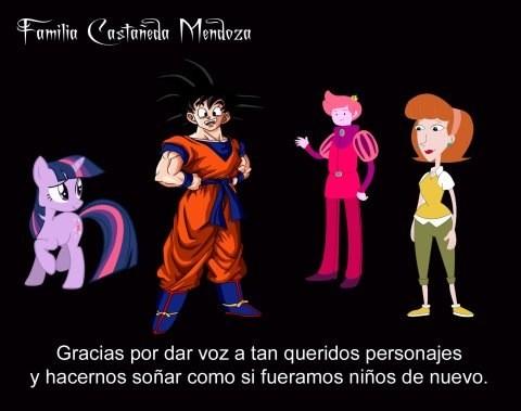 Size: 480x379 | Tagged: adventure time, arturo castañeda, carla castañeda, derpibooru import, dragon ball, dragon ball z, goku, linda flynn-fletcher, mario castañeda, phineas and ferb, prince gumball, rommy mendoza, safe, spanish, twilight sparkle, voice actor, voice actor joke