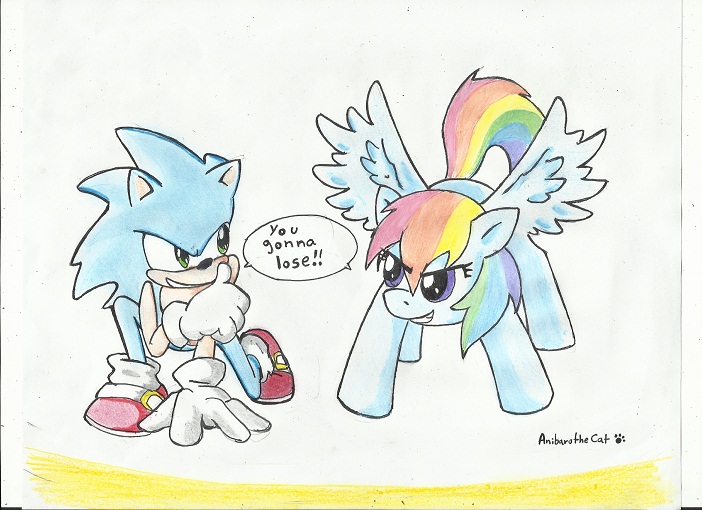 Size: 702x510 | Tagged: artist:anibaruthecat, crossover, derpibooru import, rainbow dash, safe, sonic the hedgehog, sonic the hedgehog (series), traditional art