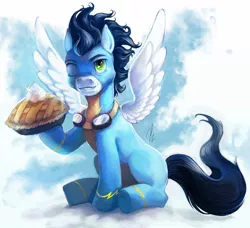 Size: 1280x1166 | Tagged: safe, artist:r0b0tassassin, derpibooru import, soarin', pegasus, pony, food, male, one eye closed, pie, sitting, solo, stallion, that pony sure does love pies, wink