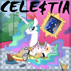 Size: 1024x1024 | Tagged: artist:teammagix, cake, derpibooru import, fishnets, food, ke$ha, makeup, parody, princess celestia, princess luna, saddle, safe, tack