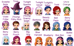 Size: 800x498 | Tagged: apple family member, artist:cheshirecloud, baritone, beauty brass, bell perin, berry frost, berry icicle, berry punch, berryshine, big wig, blueberry, blue harvest, bon bon, bottlecap (character), derpibooru import, filthy rich, food, granny smith, human, humanized, lavender fritter, lunaii dollmaker, mosely orange, night light, safe, sweetie belle, sweetie drops, trixie, twilight sparkle, twilight velvet, twist, uncle orange, violet fritter, younger, young granny smith