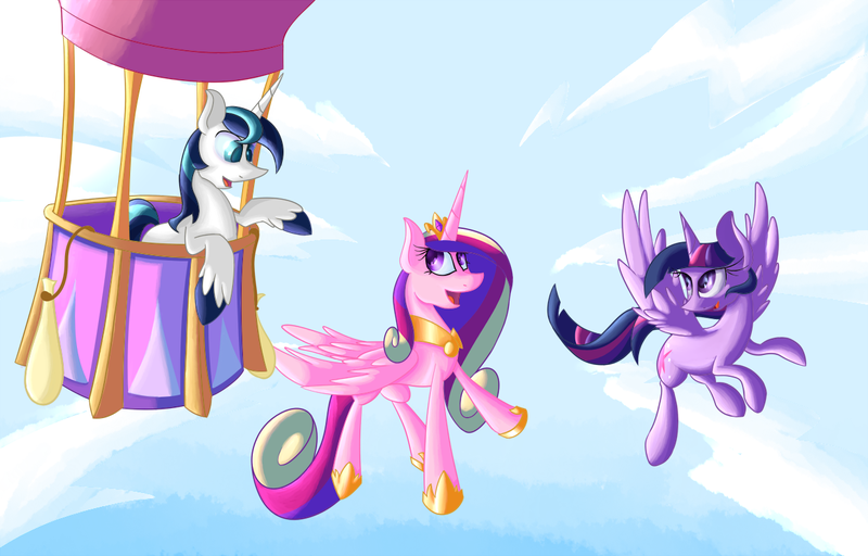 Size: 1240x794 | Tagged: safe, artist:miroslav46, derpibooru import, princess cadance, shining armor, twilight sparkle, twilight sparkle (alicorn), alicorn, pony, female, hot air balloon, mare, twinkling balloon