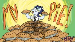 Size: 1280x720 | Tagged: safe, artist:eilemont, derpibooru import, soarin', clothes, food, hoof hold, pie, pile, solo, that pony sure does love pies, this will end in weight gain, tongue out, uniform, wonderbolts dress uniform
