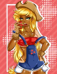 Size: 595x770 | Tagged: apple, applejack, artist:jenovasilver, breasts, clothes, derpibooru import, farmer's tan, female, human, humanized, obligatory apple, overalls, solo, solo female, suggestive, tanline, tan lines