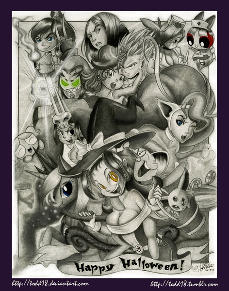 Size: 989x1256 | Tagged: artist:todd18, blossom (powerpuff girls), bubbles (powerpuff girls), cerebella, crossover, darkstalkers, derpibooru import, dragon ball z, espeon, felicia, fluttershy, gohan, human, korra, monochrome, pokémon, princess daisy, princess luna, safe, skullgirls, starfire, super mario bros., super mario land, teen titans, the legend of korra, the powerpuff girls, valentine (skullgirls), x-23