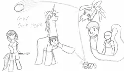 Size: 1617x943 | Tagged: safe, derpibooru import, derpy hooves, lyra heartstrings, oc, oc:tracy cage, human, pony, 4chan cup, >rape, ball, bipedal, grayscale, jackie chan tulpa, knife, lyra plushie, monochrome, plushie, safest hooves, sketch, the burdened, traditional art