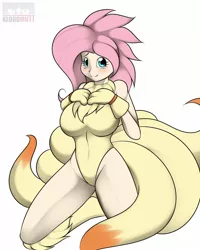 Size: 1280x1600 | Tagged: suggestive, artist:kloudmutt, derpibooru import, fluttershy, bat pony, human, ninetales, breasts, busty fluttershy, clothes, cosplay, costume, female, flutterbat, humanized, leotard, pokémon, race swap, solo