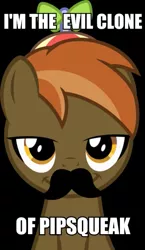 Size: 347x600 | Tagged: safe, derpibooru import, button mash, pipsqueak, earth pony, pony, :i, black background, button 'stache, caption, colt, evil, foal, hat, image macro, looking at you, male, meme, propeller hat, simple background, smiling, smirk, solo, text