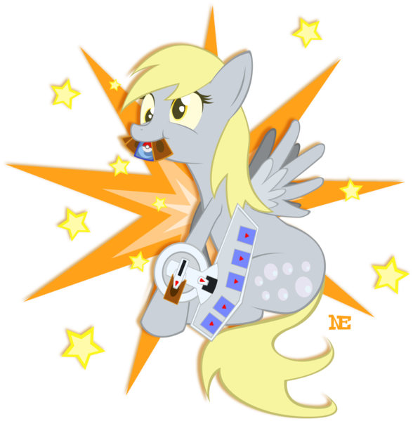 Size: 1565x1596 | Tagged: safe, artist:noonebahtim, derpibooru import, derpy hooves, pegasus, pony, duel disk, female, mare, pokémon, solo, yu-gi-oh!