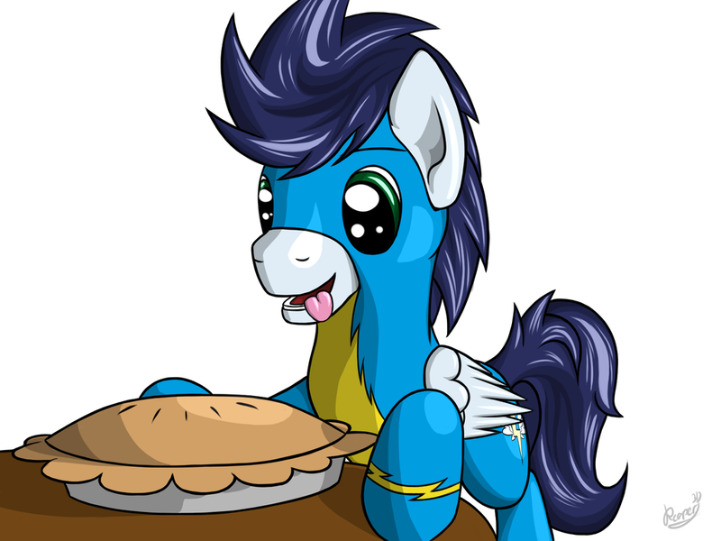 Size: 1024x768 | Tagged: safe, artist:reaper3d, derpibooru import, soarin', cute, dilated pupils, eyes on the prize, food, happy, open mouth, pie, simple background, smiling, solo, that pony sure does love pies, tongue out, white background