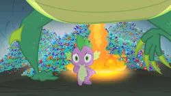 Size: 1280x720 | Tagged: derpibooru import, dragon, dragon hoard, fire, fire breath, gem, green dragon, hoard, owl's well that ends well, reginald, running, safe, screencap, spike, treasure