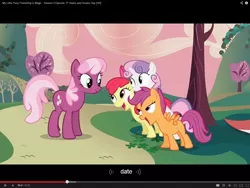 Size: 1280x960 | Tagged: apple bloom, caption, cheerilee, cutie mark crusaders, derpibooru import, edit, edited screencap, hearts and hooves day, hearts and hooves day (episode), meme, safe, scootaloo, screencap, sweetie belle, youtube caption