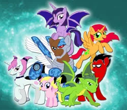 Size: 1378x1200 | Tagged: safe, derpibooru import, ponified, alicorn, demon, demon pony, dragon, earth pony, original species, pegasus, pony, unicorn, beast boy, cyborg (teen titans), dragonified, jinx (teen titans), melvin, raven (teen titans), robin, species swap, starfire, teen titans