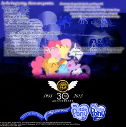 Size: 991x1000 | Tagged: 30th anniversary, applejack, applejack (g1), derpibooru import, firefly, fluttershy, g1, g1 to g4, g3, g3 to g4, generation leap, human, logo, megan williams, pinkie pie, rainbow dash, rarity, safe, screencap, text, twilight sparkle