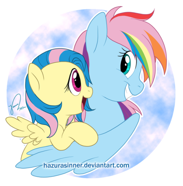 Size: 600x609 | Tagged: artist:hazurasinner, derpibooru import, female, magical lesbian spawn, oc, oc:harmony (hazurasinner), oc:windy belle, offspring, parent:fluttershy, parent:rainbow dash, parents:flutterdash, safe, siblings, sisters, unofficial characters only