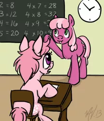 Size: 516x600 | Tagged: artist:sumireshee, chair, chalkboard, cheerilee, classroom, clock, cotton candy (g1), derpibooru import, desk, g1, g1 to g4, generation leap, safe, sitting