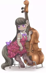 Size: 561x900 | Tagged: anthro, arm hooves, artist:hoihoi, blushing, bow, bow (instrument), bowtie, breasts, busty octavia, cello, clothes, derpibooru import, dress, female, hooves, musical instrument, octavia melody, pantyhose, pixiv, safe, solo, tail bow, unguligrade anthro