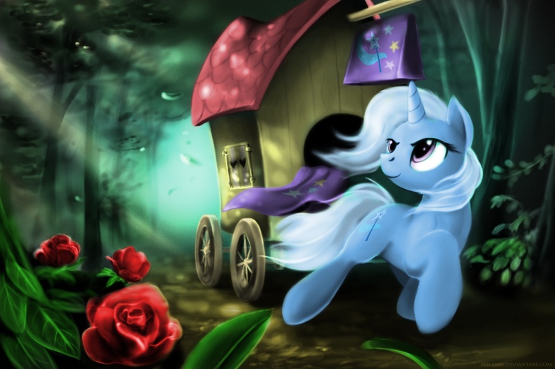 Size: 1920x1280 | Tagged: safe, artist:zoarvek, derpibooru import, trixie, pony, unicorn, crepuscular rays, female, flower, forest, mare, rose, scenery, solo, trixie's wagon, wagon