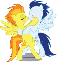 Size: 4631x4999 | Tagged: safe, artist:benybing, derpibooru import, soarin', spitfire, pony, absurd resolution, bipedal, blushing, cute, eyes closed, female, kissing, male, shipping, simple background, soarinfire, spread wings, straight, transparent background, vector, wings