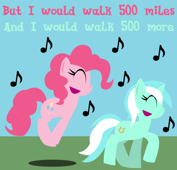 Size: 599x576 | Tagged: 500 miles, artist:sonic-chaos, derpibooru import, happy, i'm gonna be, lyra heartstrings, lyrics, music notes, pinkie pie, pronking, safe, singing, song, song reference, text, the proclaimers