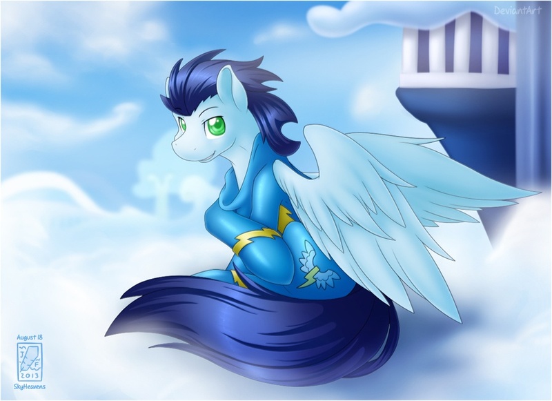 Size: 908x660 | Tagged: safe, artist:skyheavens, derpibooru import, soarin', pegasus, pony, clothes, cloud, cloudsdale, colored pupils, looking at you, male, sitting, sky, solo, spread wings, stallion, uniform, wings, wonderbolts uniform