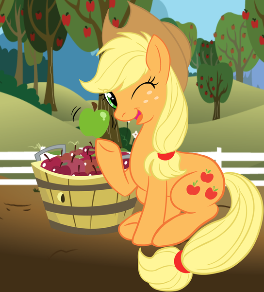 Size: 1360x1500 | Tagged: safe, artist:g-blue16, derpibooru import, applejack, earth pony, pony, apple, applejack's hat, cowboy hat, female, fence, food, freckles, hat, mare, one eye closed, orchard, sitting, solo, stetson, sweet apple acres, wink