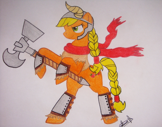 Size: 560x442 | Tagged: applejack, artist:tvensnake, axe, derpibooru import, hammer, mjölnir, safe, solo, traditional art, war hammer, weapon