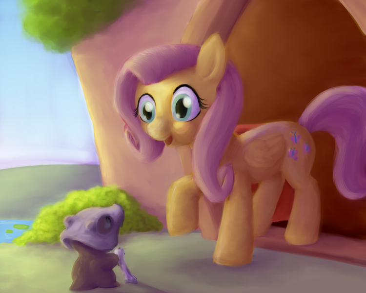 Size: 3000x2400 | Tagged: artist:veskler, crossover, cubone, derpibooru import, fluttershy, pokémon, safe