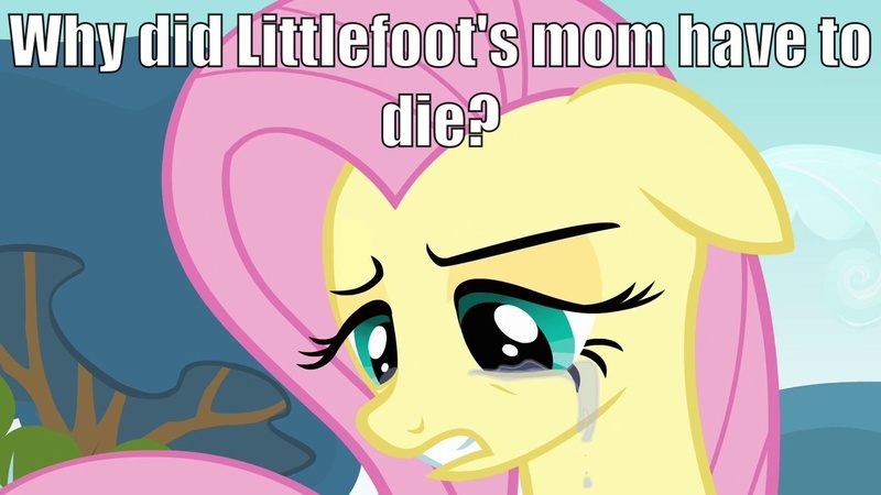 Size: 1280x720 | Tagged: caption, crying, derpibooru import, don bluth, fluttershy, image macro, littlefoot, littlefoot's mom, safe, text, the land before time