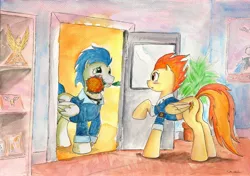 Size: 2317x1634 | Tagged: artist:souleatersaku90, clothes, commission, derpibooru import, fanfic, fanfic art, female, male, safe, shipping, soarin', soarinfire, spitfire, straight, the simple life, traditional art, uniform