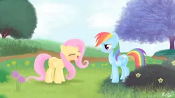 Size: 1024x576 | Tagged: safe, artist:momousui, derpibooru import, fluttershy, rainbow dash, pegasus, pony, sonic rainboom (episode), duo, female, flutteryay, mare, scene interpretation, yay