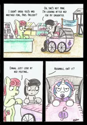 Size: 1718x2468 | Tagged: safe, artist:bobthedalek, derpibooru import, vinyl scratch, oc, oc:mixed melody, oc:octavia's mother, earth pony, pony, unicorn, adult foal, baby, babysitting, bonnet, comic, cute, funny, glare, market, mothers gonna mother, pacifier, parent, pram, unamused, vinyl is not amused