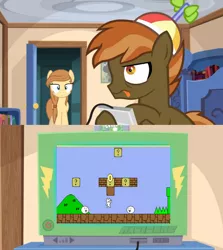 Size: 764x856 | Tagged: artist:blackeningskies, ? block, brick block, button mash, button mash plays, cat mario, derpibooru import, exploitable meme, meme, obligatory pony, oc, safe, super mario bros., syobon action, tv meme, video game