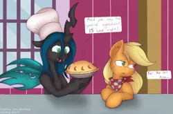 Size: 1024x674 | Tagged: applejack, artist:jobo37, artist:joey darkmeat, baking, changeling, chef's hat, cooking, derpibooru import, food, hat, hatless, missing accessory, pie, queen chrysalis, safe