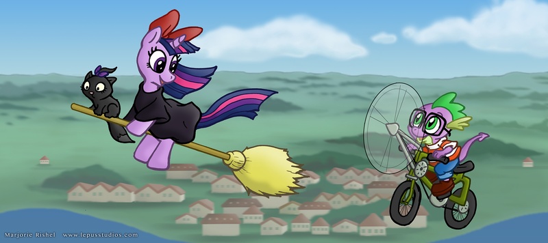 Size: 2500x1113 | Tagged: artist:lepus-marj, cat, crossover, derpibooru import, flying, kiki, kiki's delivery service, safe, spike, studio ghibli, tombo, twilight sparkle