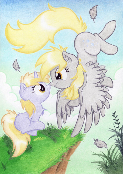 Size: 2000x2839 | Tagged: safe, artist:agamnentzar, derpibooru import, derpy hooves, dinky hooves, pegasus, pony, boop, chest fluff, cliff, cute, derpabetes, diadinkes, dinkabetes, equestria's best mother, feather, female, flying, mare, nuzzling