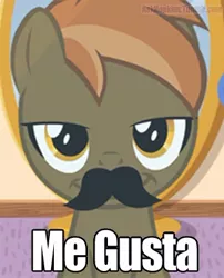 Size: 302x373 | Tagged: safe, derpibooru import, button mash, earth pony, pony, button's adventures, bedroom eyes, button 'stache, caption, colt, facial hair, foal, image macro, male, me gusta, meme, moustache, rage face, smiling, solo, text