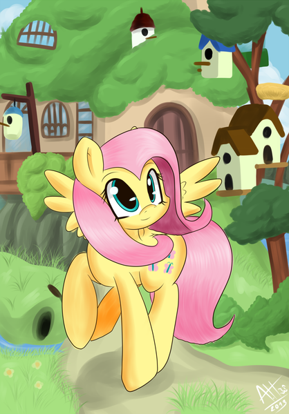 Size: 975x1400 | Tagged: safe, artist:average-hanzo, derpibooru import, fluttershy, pegasus, pony, female, fluttershy's cottage, mare, raised hoof, raised leg, signature, smiling, solo, spread wings, wings