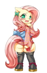 Size: 771x1200 | Tagged: anthro, arm hooves, artist:shinobe, ass, blushing, butt, clothes, covering, derpibooru import, embarrassed, female, flutterbutt, fluttershy, kimono (clothing), looking back, solo, solo female, suggestive