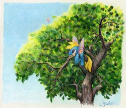 Size: 2196x1889 | Tagged: artist:syncallio, butterfly, buzzer (g1), derpibooru import, g1, g1 to g4, generation leap, safe, solo, summer wing ponies, traditional art, tree