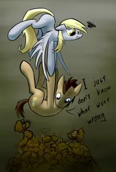 Size: 1181x1748 | Tagged: safe, artist:underpable, derpibooru import, derpy hooves, doctor whooves, time turner, pegasus, pony, carrying, dialogue, female, flying, food, i just don't know what went wrong, mare, monster, muffin, pile