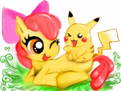 Size: 1252x939 | Tagged: apple bloom, artist:tachyon, derpibooru import, ikue otani, one eye closed, pikabloom, pikachu, pixiv, pokémon, safe, voice actor joke, wink