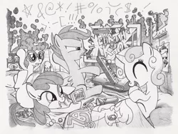 Size: 1608x1207 | Tagged: apple bloom, artist:lumdrop, censored vulgarity, cutie mark crusaders, derpibooru import, flashlight (object), glasses, grawlixes, rage quit, safe, scootaloo, soap, sweetie belle, twist, ultimate marvel vs capcom 3, video game