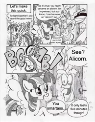 Size: 2528x3258 | Tagged: safe, artist:lumdrop, derpibooru import, discord, twilight sparkle, twilight sparkle (alicorn), alicorn, pony, comic, dragon ball, horn, pun