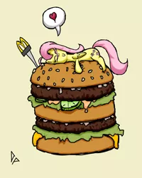 Size: 2000x2500 | Tagged: artist:doggonepony, big mac (burger), burger, derpibooru import, fast food, fluttershy, food, hamburger, heart, mcdonald's, micro, safe, sandwich, shipping, size difference, solo, stealth pun
