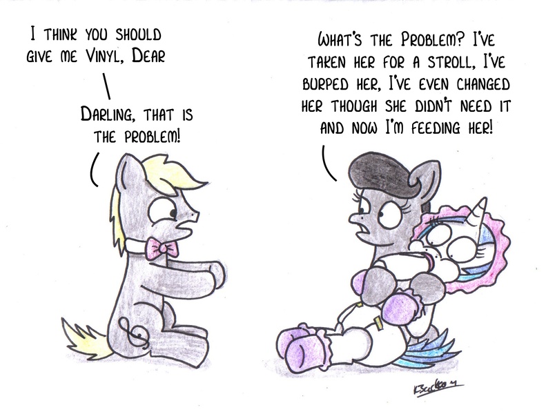 Size: 1791x1359 | Tagged: questionable, artist:bobthedalek, derpibooru import, vinyl scratch, oc, oc:mixed melody, oc:octavia's father, oc:octavia's mother, oc:ostinato melody, earth pony, pony, unicorn, adult foal, baby bottle, bonnet, booties, diaper, female, male, mothers gonna mother, poofy diaper