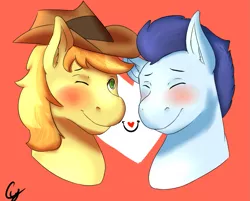 Size: 1113x894 | Tagged: artist:cyborgpony, blushing, braeburn, derpibooru import, gay, heart, male, safe, shipping, soarburn, soarin'